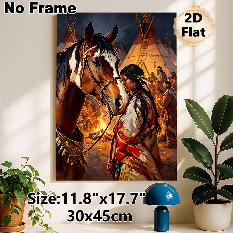 Native American & Horse Themed Painting Poster, Warm-toned Realistic Tribal Scene Poster, Rich Cultural Artwork With Campfire & Tipis, Suitable For_maomaolike.com