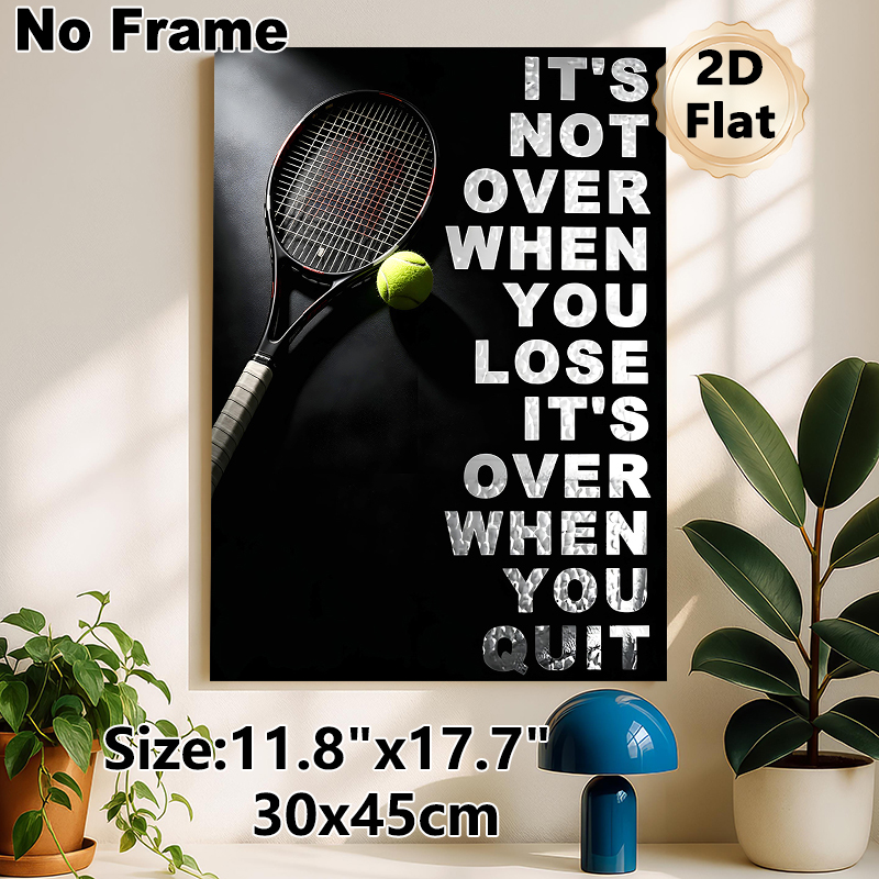 Tennis Motivational Quote Painting Poster, Sleek Dark-toned Tennis Racket & Ball Poster, Inspiring Encouraging Message Wall Decor For Gym, Sports_maomaolike.com