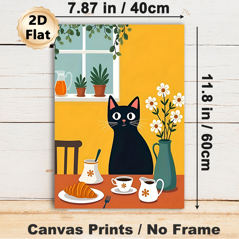 Black Cat & Breakfast Themed Painting Poster, Warm Cute Cartoon Style Poster, Cozy Daily Scene Design Ideal For Kitchen, Dining Room Decor_maomaolike.com