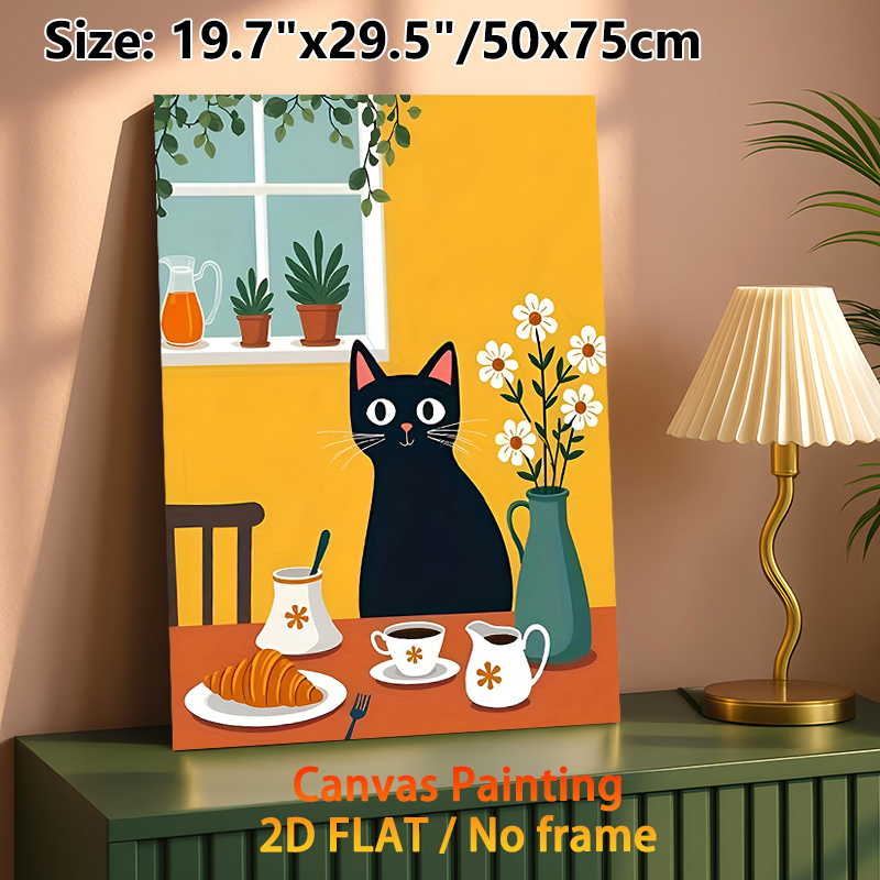 Black Cat & Breakfast Themed Painting Poster, Warm Cute Cartoon Style Poster, Cozy Daily Scene Design Ideal For Kitchen, Dining Room Decor_maomaolike.com