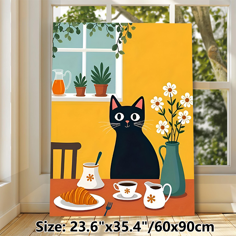 Black Cat & Breakfast Themed Painting Poster, Warm Cute Cartoon Style Poster, Cozy Daily Scene Design Ideal For Kitchen, Dining Room Decor_maomaolike.com