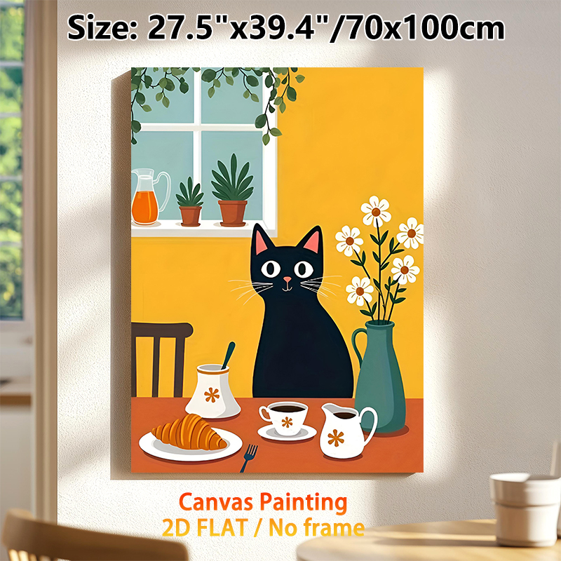 Black Cat & Breakfast Themed Painting Poster, Warm Cute Cartoon Style Poster, Cozy Daily Scene Design Ideal For Kitchen, Dining Room Decor_maomaolike.com
