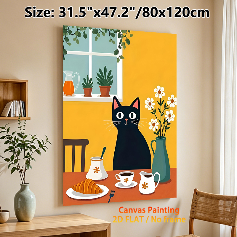 Black Cat & Breakfast Themed Painting Poster, Warm Cute Cartoon Style Poster, Cozy Daily Scene Design Ideal For Kitchen, Dining Room Decor_maomaolike.com