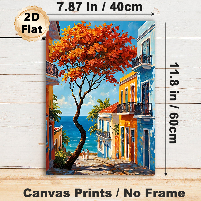 Coastal Town Painting Poster, Vibrant Impressionist-style Colorful Seaside Street With Autumn Tree & Ocean View Poster, Brings Warm Scenic Ambiance_maomaolike.com