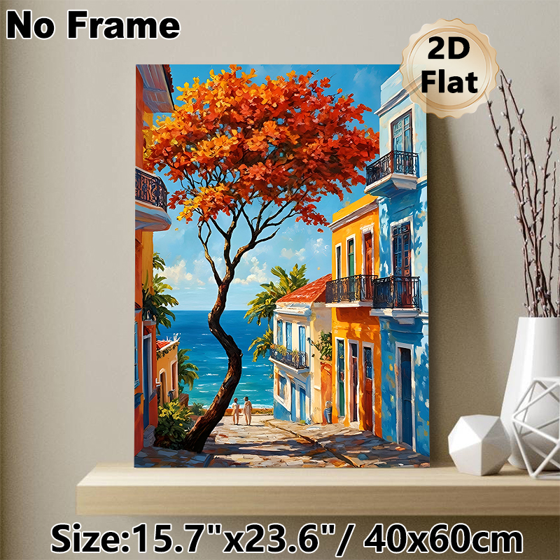 Coastal Town Painting Poster, Vibrant Impressionist-style Colorful Seaside Street With Autumn Tree & Ocean View Poster, Brings Warm Scenic Ambiance_maomaolike.com