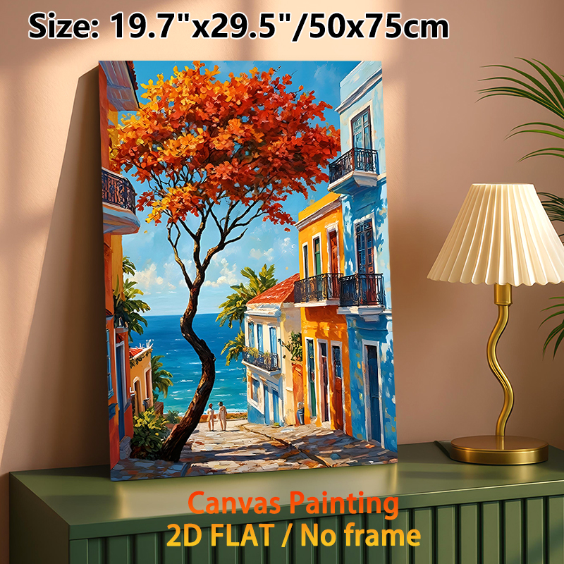 Coastal Town Painting Poster, Vibrant Impressionist-style Colorful Seaside Street With Autumn Tree & Ocean View Poster, Brings Warm Scenic Ambiance_maomaolike.com