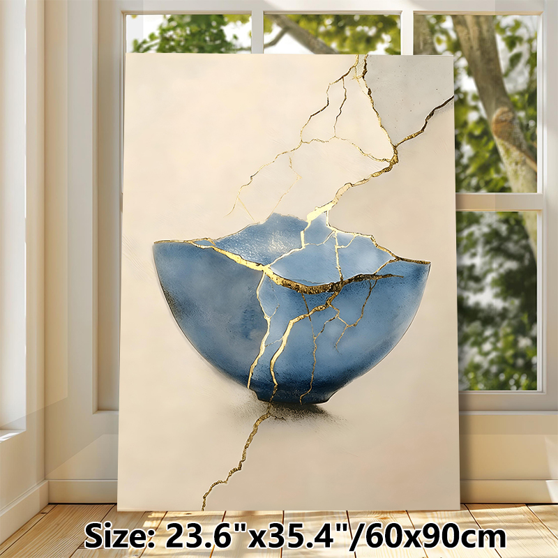 Kintsugi Themed Painting Poster, Elegant Blue Cracked Bowl With Gilded Repair Lines Poster, Artistic Depiction Of Resilience, Suitable For Living_maomaolike.com