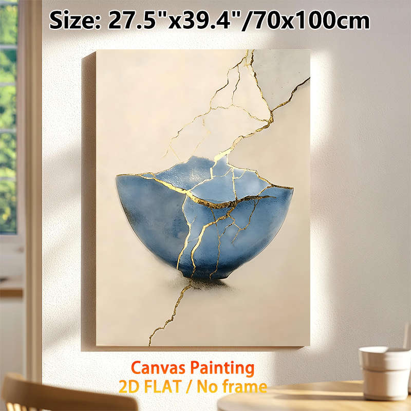 Kintsugi Themed Painting Poster, Elegant Blue Cracked Bowl With Gilded Repair Lines Poster, Artistic Depiction Of Resilience, Suitable For Living_maomaolike.com