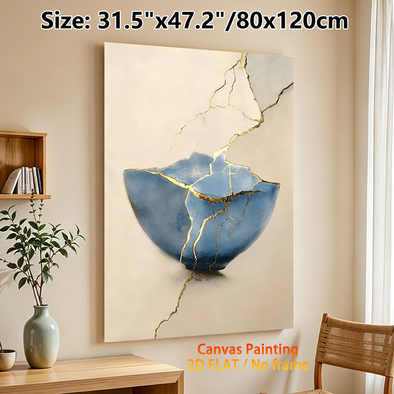 Kintsugi Themed Painting Poster, Elegant Blue Cracked Bowl With Gilded Repair Lines Poster, Artistic Depiction Of Resilience, Suitable For Living_maomaolike.com