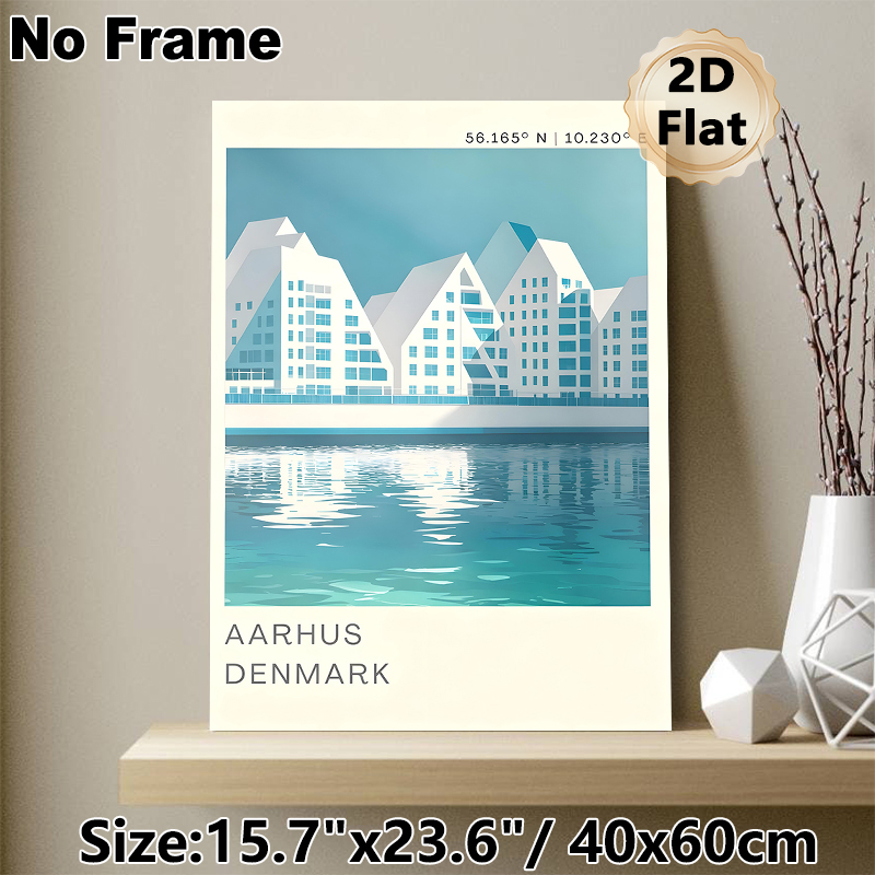 Aarhus Denmark Coastal Architecture Painting Poster, Minimalist Soft-toned Waterfront Building Poster, Serene Urban Coastal Decor Suitable For Living_maomaolike.com