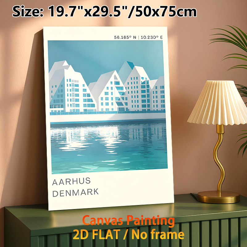 Aarhus Denmark Coastal Architecture Painting Poster, Minimalist Soft-toned Waterfront Building Poster, Serene Urban Coastal Decor Suitable For Living_maomaolike.com