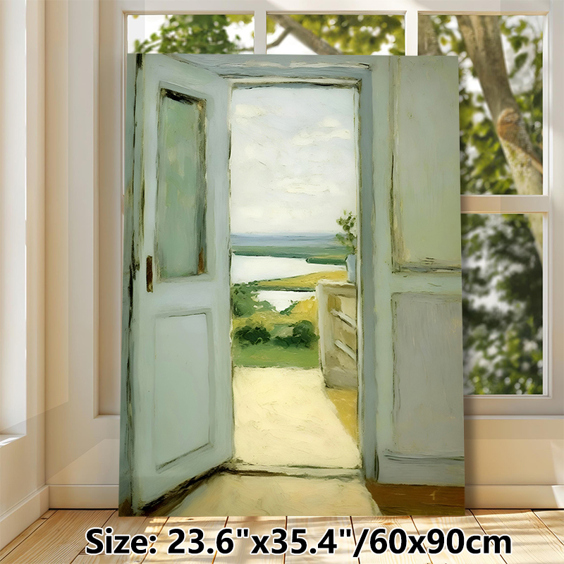 Lakeside Landscape Through Doorway Painting Poster, Soft-toned Impressionist-style Poster, Serene Outdoor Scenery View, Brings Tranquil Ambiance For_maomaolike.com
