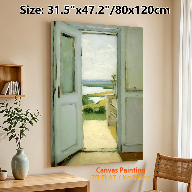 Lakeside Landscape Through Doorway Painting Poster, Soft-toned Impressionist-style Poster, Serene Outdoor Scenery View, Brings Tranquil Ambiance For_maomaolike.com