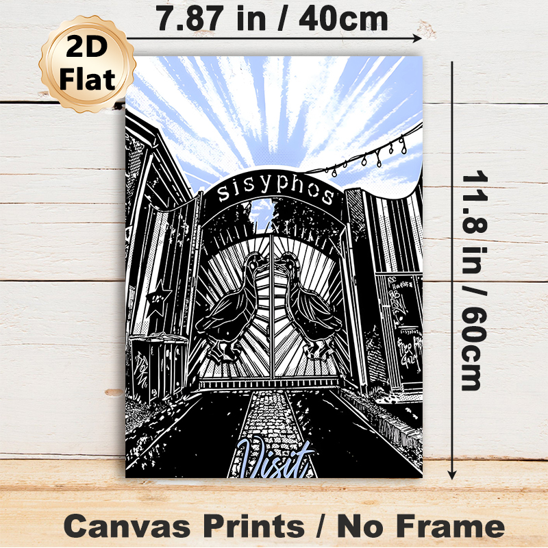 Sisyphos Gate Painting Poster, Monochrome Linocut Style Poster, Stylized Gate With Duck Motifs & Urban Graffiti Details, Striking Art Ideal For Home_maomaolike.com