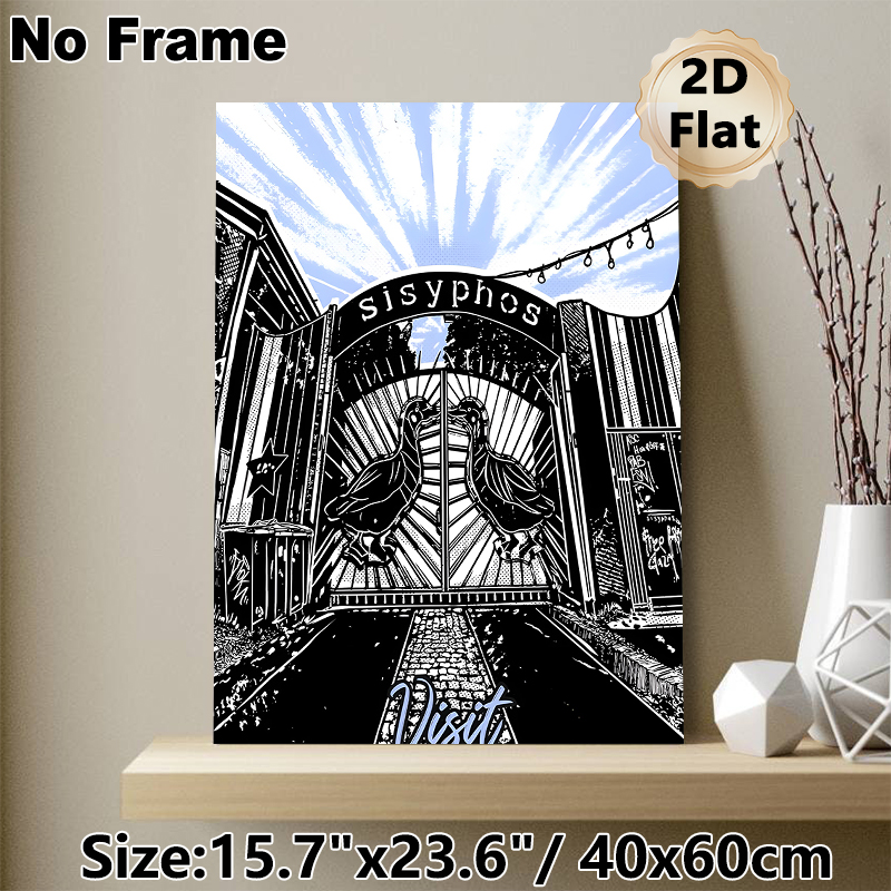 Sisyphos Gate Painting Poster, Monochrome Linocut Style Poster, Stylized Gate With Duck Motifs & Urban Graffiti Details, Striking Art Ideal For Home_maomaolike.com