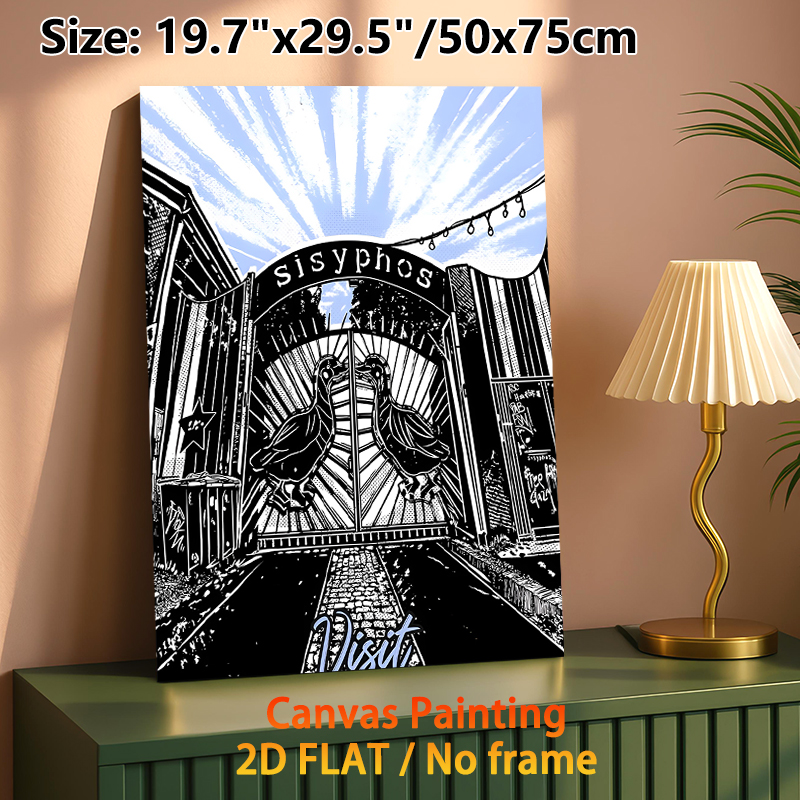 Sisyphos Gate Painting Poster, Monochrome Linocut Style Poster, Stylized Gate With Duck Motifs & Urban Graffiti Details, Striking Art Ideal For Home_maomaolike.com