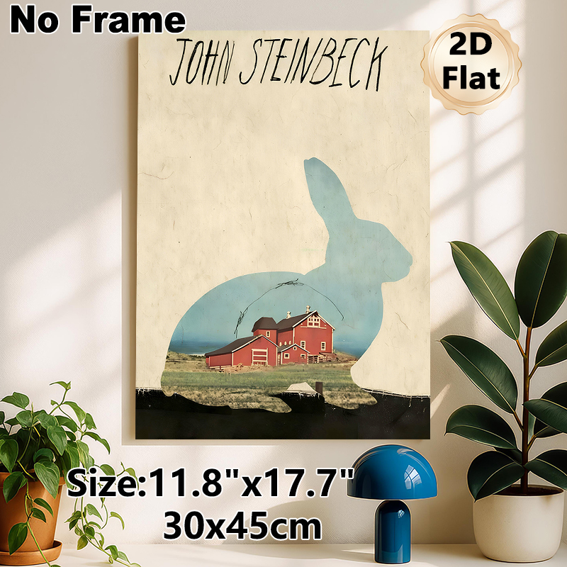 John Steinbeck Farm Rabbit Painting Poster, Vintage Rabbit Silhouette With Red Farm Scene Poster, Retro Literary-inspired Decor For Home Study, Living_maomaolike.com