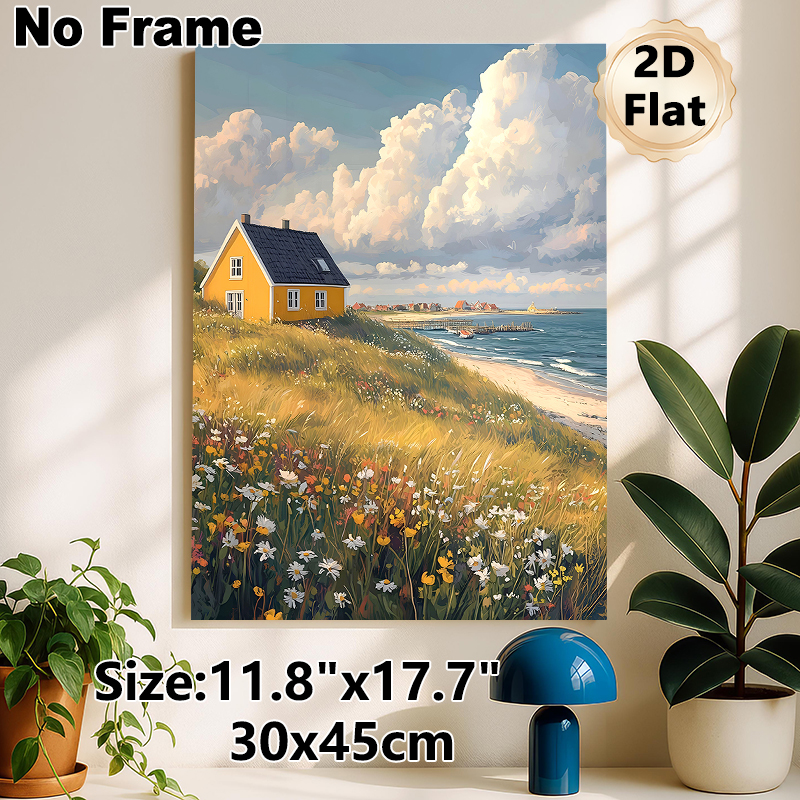 Coastal Cottage Landscape Painting Poster, Warm-toned Idyllic Seaside Scenery With Wildflowers And Yellow Cottage Poster, Serene Natural View Ideal_maomaolike.com