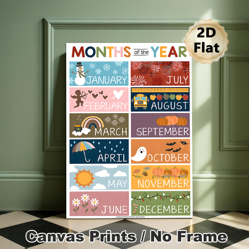 Months Of The Year Painting Poster, Vibrant Seasonal-themed Poster, Illustrative Design To Learn Months And Matching Seasonal Elements, Suitable For_maomaolike.com