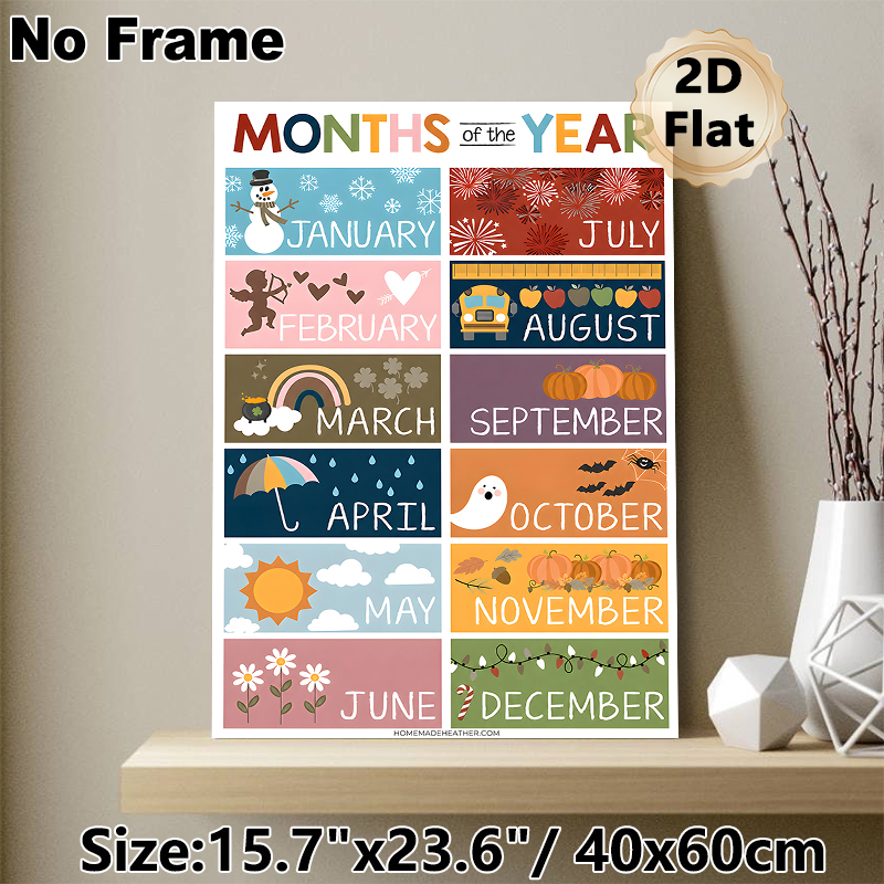 Months Of The Year Painting Poster, Vibrant Seasonal-themed Poster, Illustrative Design To Learn Months And Matching Seasonal Elements, Suitable For_maomaolike.com