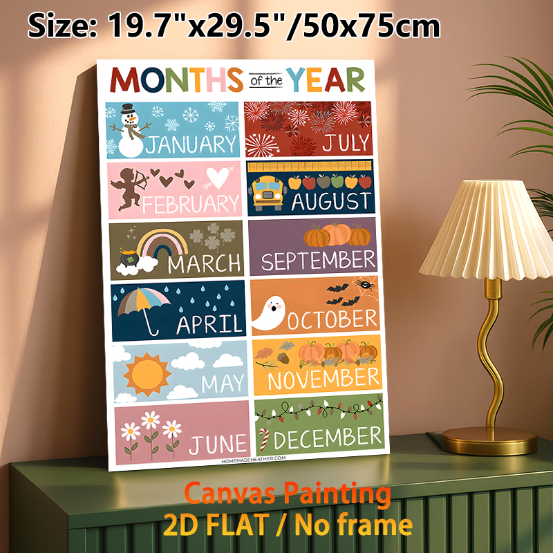 Months Of The Year Painting Poster, Vibrant Seasonal-themed Poster, Illustrative Design To Learn Months And Matching Seasonal Elements, Suitable For_maomaolike.com