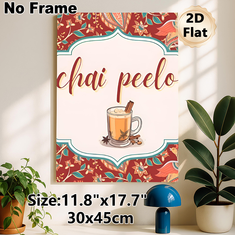 Chai Peelo Themed Painting Poster, Vibrant Ethnic Style Poster, Bohemian Patterned Border With Spiced Chai Cup, Warm Cozy Decor Ideal For Kitchen And_maomaolike.com
