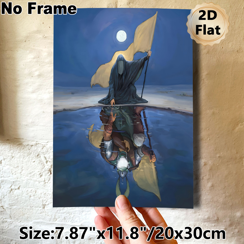 Mysterious Hooded Figure & Knight Reflection Painting Poster, Dark Fantasy Moonlit Waterscape Poster, Evocative Symbolic Artwork Ideal For Bedroom_maomaolike.com