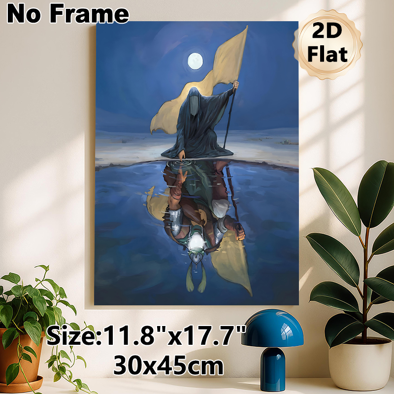 Mysterious Hooded Figure & Knight Reflection Painting Poster, Dark Fantasy Moonlit Waterscape Poster, Evocative Symbolic Artwork Ideal For Bedroom_maomaolike.com