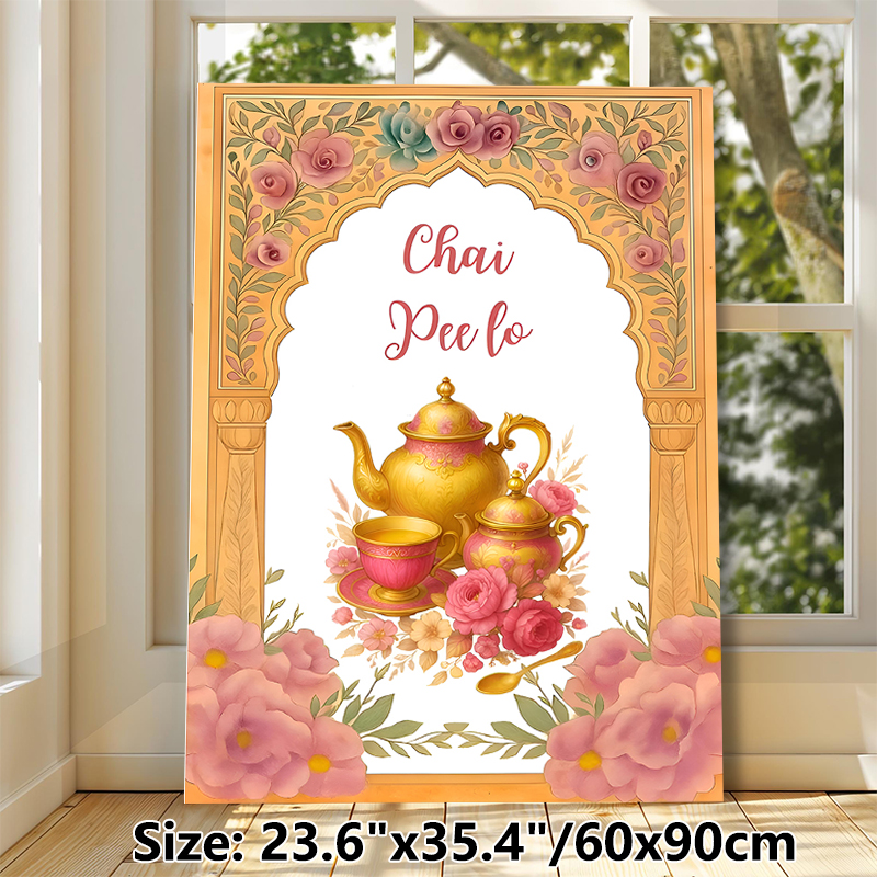 Chai Tea Themed Painting Poster, Elegant Watercolor Vintage Teapot & Floral Arch Poster, Warm Cultural-inspired Decor Ideal For Kitchen, Dining Area_maomaolike.com