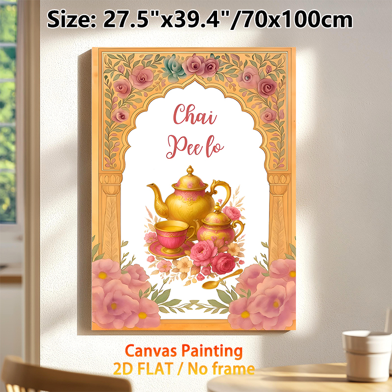 Chai Tea Themed Painting Poster, Elegant Watercolor Vintage Teapot & Floral Arch Poster, Warm Cultural-inspired Decor Ideal For Kitchen, Dining Area_maomaolike.com