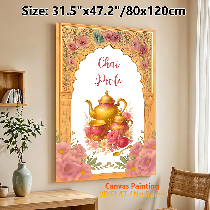 Chai Tea Themed Painting Poster, Elegant Watercolor Vintage Teapot & Floral Arch Poster, Warm Cultural-inspired Decor Ideal For Kitchen, Dining Area_maomaolike.com