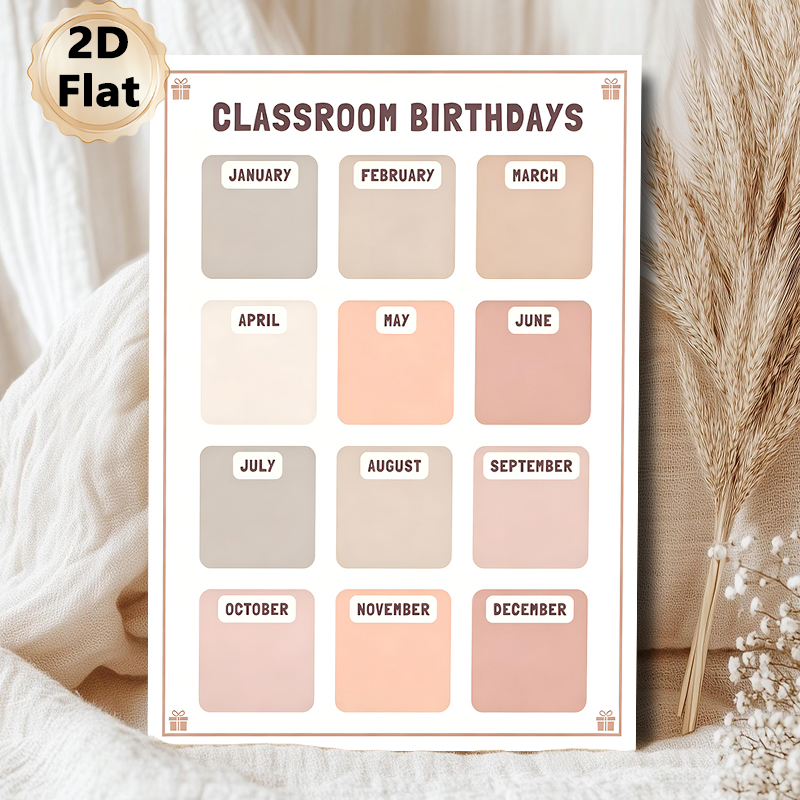 Classroom Birthdays Painting Poster, Soft Muted-toned Minimalist Monthly Grid Poster, Practical Tool To Track And Display Class Birthdays, Ideal For_maomaolike.com