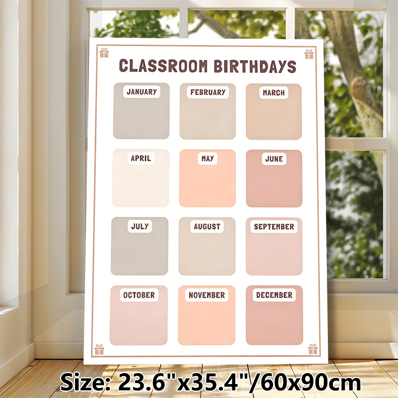 Classroom Birthdays Painting Poster, Soft Muted-toned Minimalist Monthly Grid Poster, Practical Tool To Track And Display Class Birthdays, Ideal For_maomaolike.com