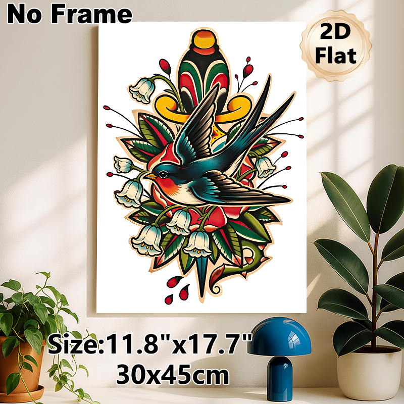 Swallow & Lily Of The Valley Painting Poster, Vibrant Vintage Tattoo Style Poster, Eye-catching Artistic Decor Suitable For Living Room, Bedroom And_maomaolike.com