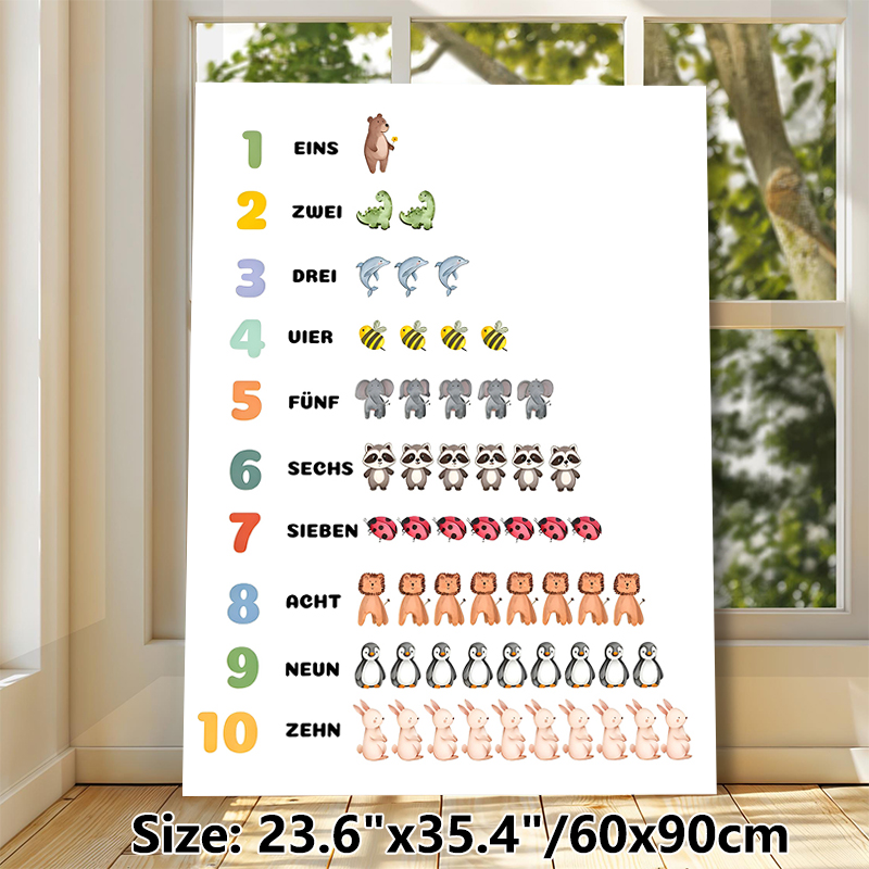 German Number & Animal Learning Painting Poster, Soft Watercolor Cute Animal & Number Poster, Assists With German Number Learning, Ideal For Study_maomaolike.com