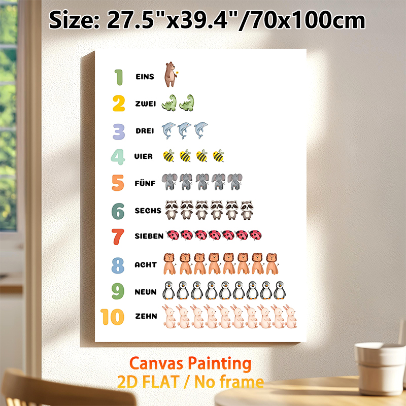 German Number & Animal Learning Painting Poster, Soft Watercolor Cute Animal & Number Poster, Assists With German Number Learning, Ideal For Study_maomaolike.com