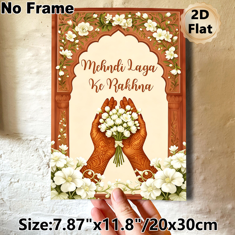 Mehndi Themed Painting Poster, Exquisite Traditional Indian Style Poster, Henna-decorated Hands Holding Jasmine Blooms With Ornate Arched Floral_maomaolike.com