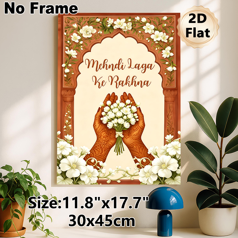 Mehndi Themed Painting Poster, Exquisite Traditional Indian Style Poster, Henna-decorated Hands Holding Jasmine Blooms With Ornate Arched Floral_maomaolike.com