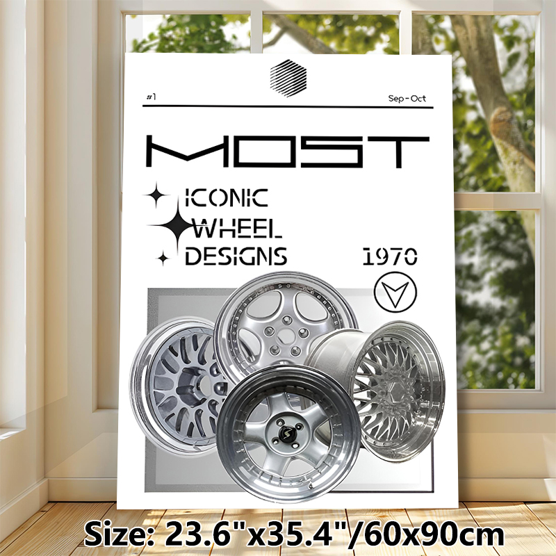 Vintage Automotive Wheel Painting Poster, Sleek Retro 1970s Iconic Metallic Wheel Designs Poster, Stylish Car Culture Decor Ideal For Garage, Workshop_maomaolike.com