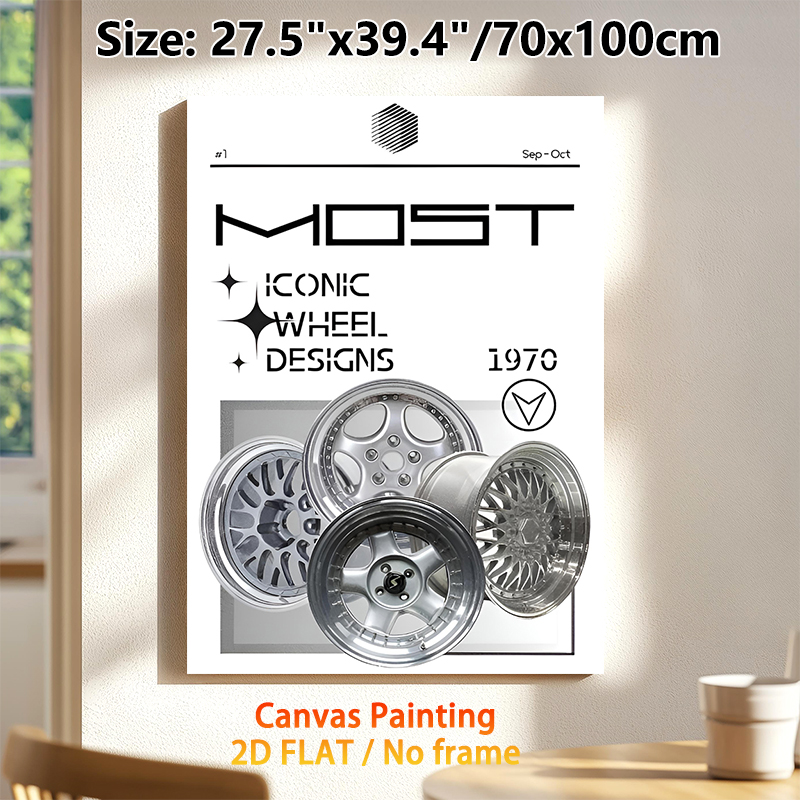Vintage Automotive Wheel Painting Poster, Sleek Retro 1970s Iconic Metallic Wheel Designs Poster, Stylish Car Culture Decor Ideal For Garage, Workshop_maomaolike.com