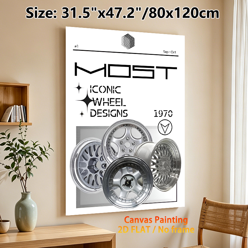 Vintage Automotive Wheel Painting Poster, Sleek Retro 1970s Iconic Metallic Wheel Designs Poster, Stylish Car Culture Decor Ideal For Garage, Workshop_maomaolike.com
