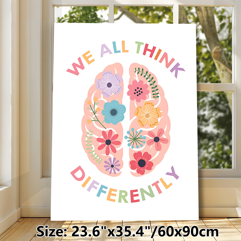 Floral Brain "We All Think Differently" Painting Poster, Pastel-toned Whimsical Flower-filled Brain Art Poster, Promotes Inclusive Positive Mindset_maomaolike.com
