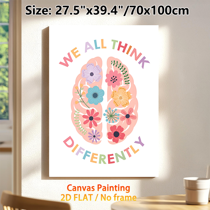 Floral Brain "We All Think Differently" Painting Poster, Pastel-toned Whimsical Flower-filled Brain Art Poster, Promotes Inclusive Positive Mindset_maomaolike.com