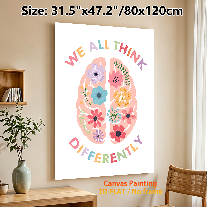 Floral Brain "We All Think Differently" Painting Poster, Pastel-toned Whimsical Flower-filled Brain Art Poster, Promotes Inclusive Positive Mindset_maomaolike.com