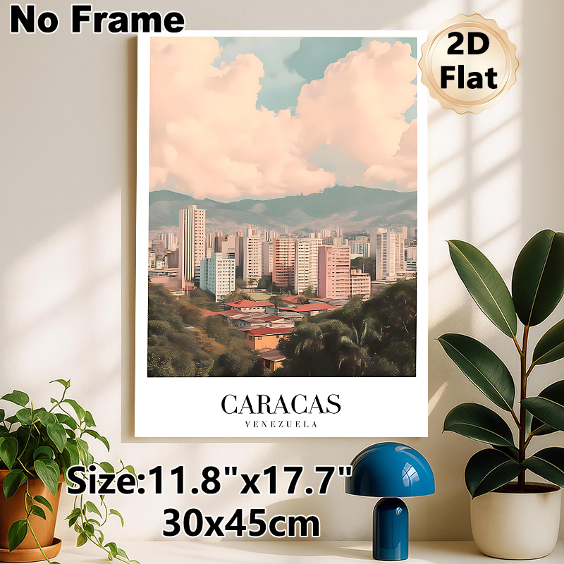 Caracas Cityscape Painting Poster, Soft-toned Watercolor Style Urban Skyline With Mountains & Buildings Poster, Captures Local City Charm, Ideal For_maomaolike.com