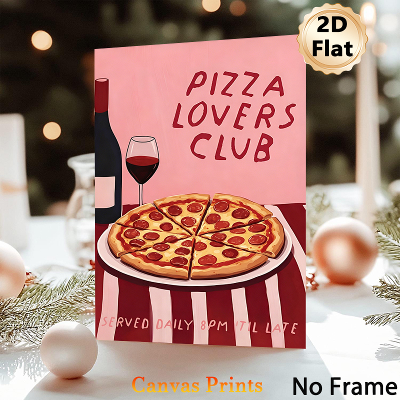 Pizza Lovers Club Themed Painting Poster, Warm-toned Cartoon-style Poster With Pepperoni Pizza, Wine Bottle & Glass, Cozy Food-inspired Decor Ideal_maomaolike.com