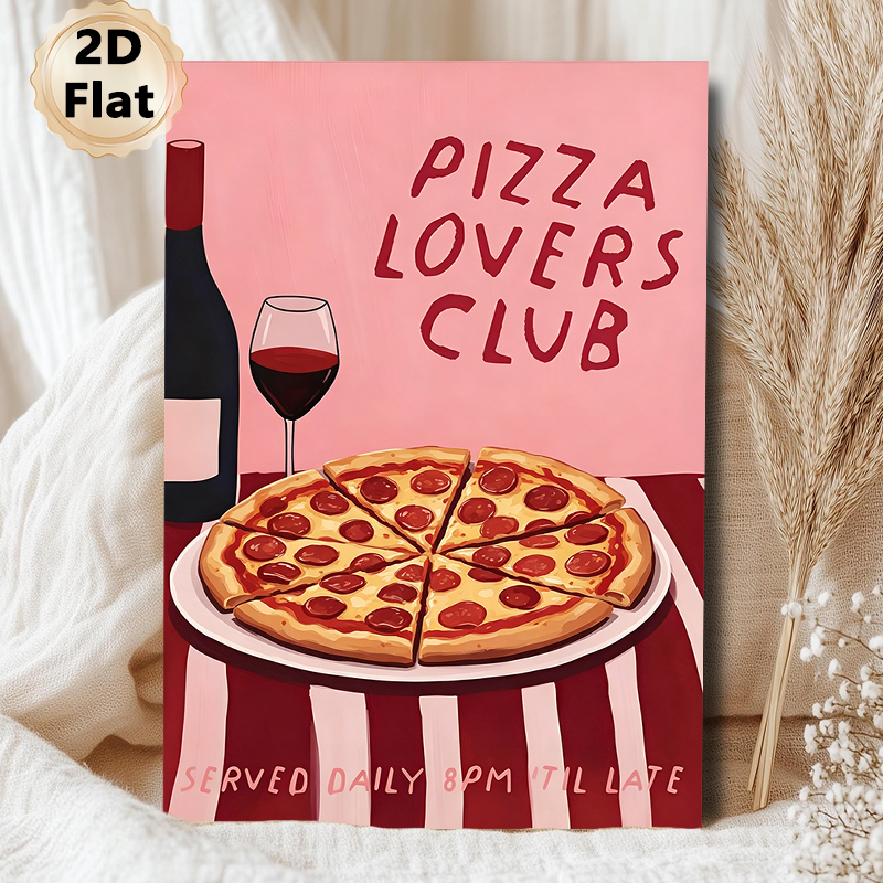 Pizza Lovers Club Themed Painting Poster, Warm-toned Cartoon-style Poster With Pepperoni Pizza, Wine Bottle & Glass, Cozy Food-inspired Decor Ideal_maomaolike.com