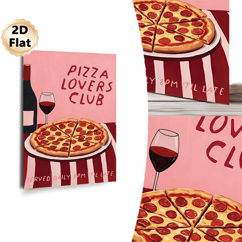 Pizza Lovers Club Themed Painting Poster, Warm-toned Cartoon-style Poster With Pepperoni Pizza, Wine Bottle & Glass, Cozy Food-inspired Decor Ideal_maomaolike.com
