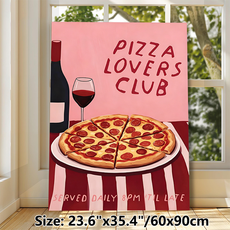 Pizza Lovers Club Themed Painting Poster, Warm-toned Cartoon-style Poster With Pepperoni Pizza, Wine Bottle & Glass, Cozy Food-inspired Decor Ideal_maomaolike.com