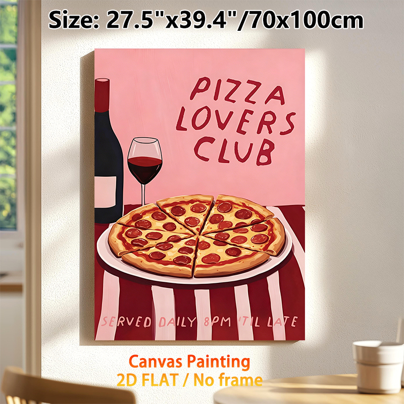 Pizza Lovers Club Themed Painting Poster, Warm-toned Cartoon-style Poster With Pepperoni Pizza, Wine Bottle & Glass, Cozy Food-inspired Decor Ideal_maomaolike.com